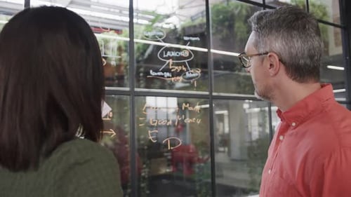 Collègue masculin et féminin de divers horizons qui réfléchit sur un mur de verre au bureau, au ralenti