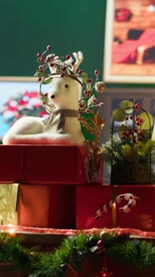 Vertical Video Empty North Pole Cabin Decorated with Festive Objects and Ornaments