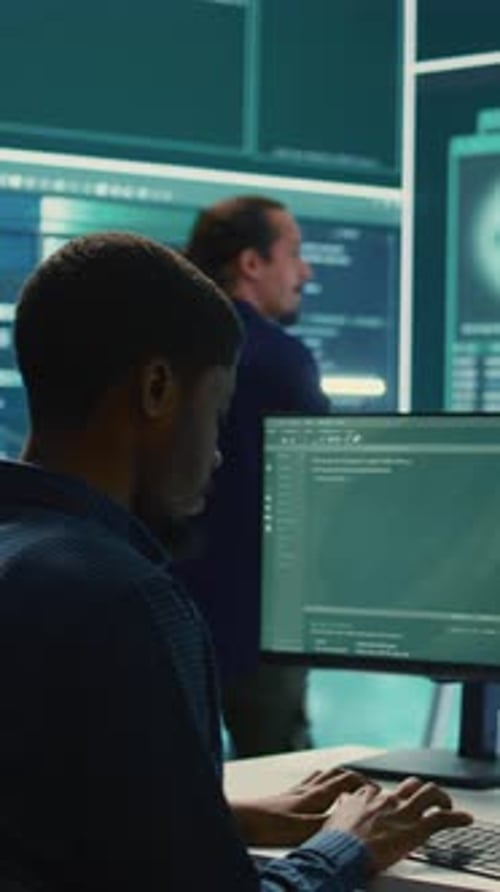 Vertical Video Cyber Security Experts Team Working on Encryption and IT Security