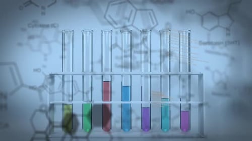Animation of chemical compound structures against laboratory test tubes
