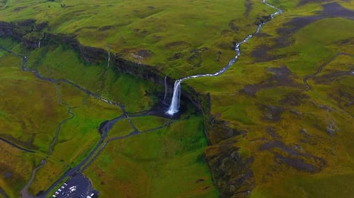 Aerial View of Seljalandsfoss Waterfall and Trails South Iceland