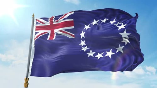 Cook Islands Flag Waving Loop in Blue Sky