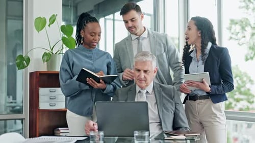 Business people, teamwork and planning on laptop, notebook and tablet for stock market