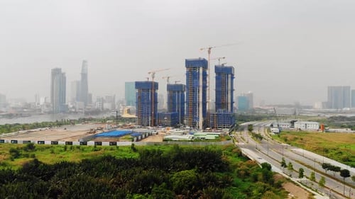 Massive property development in polluted Ho Chi Minh City, Thu Thiem; drone