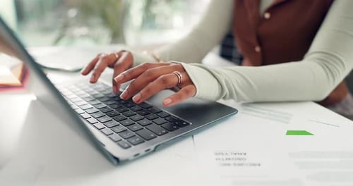 Woman, hands and research in office with laptop, business growth feedback and performance review