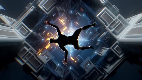 Abstract Human Figure Falling Through Futuristic Digital Tunnel Animation