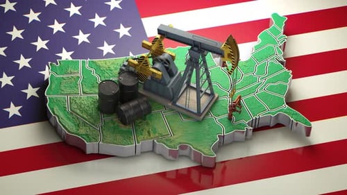 Oil Drilling Pump Jack Working on the Map of the United States USA Oil Production Inductry