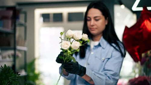 in a Flower Shop on a White Table Florist Examines a Sprig of White Spray Rose