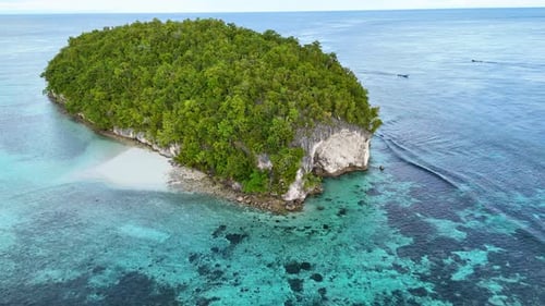 Aerial view of island with boats, Indonesia.