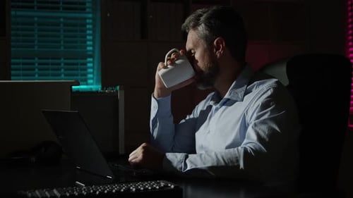 Business Night Busy Man Working Late in Office Tired Male Office Worker Late at Night Businessman