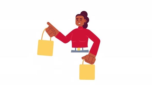 Flat Design Animated Woman with Shopping Bags Pointing Up