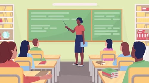 Flat Design Teacher Instructing Students in Classroom Animation