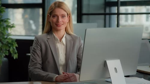 Smiling Female Worker Middleaged Businesswoman Looking at Camera Smile Posing in Office at Workplace