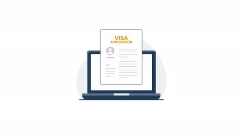Animated Flat Design Visa Application Form on Laptop Screen