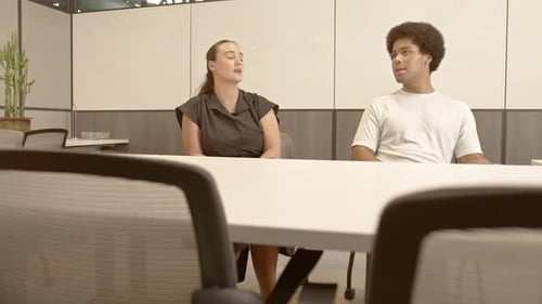 Professional Man and Woman Talking at Conference Table