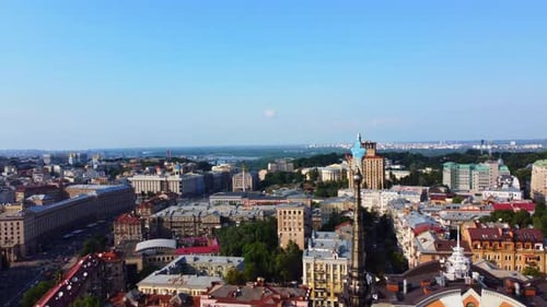 Drone flying around the star peak in Kyiv city center. Bird's eye view at the capital of Ukraine on