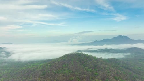 Aerial view morning scenery Mist flowing over the high mountains.
