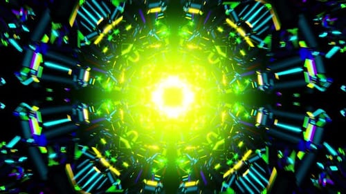 Pulsing Kaleidoscope VJ Loop Neon Tunnel with Geometric Glowing Particles