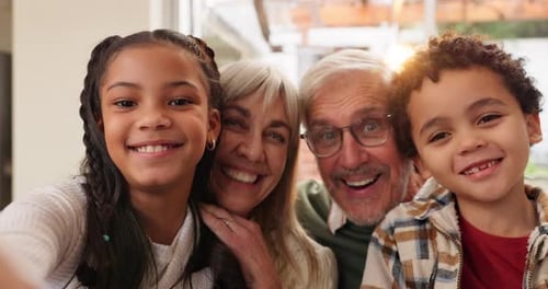 Face, grandparents and selfie of happy kids in home for family memory