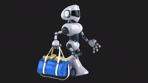 Lustiger 3D-Cartoon-Roboter mit Geld (auf Alpha)