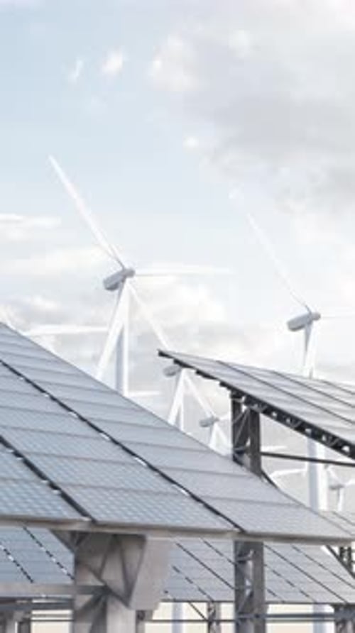 Solar Panels Rotating and Following Sun with Wind Turbines in Background Vertical Animation