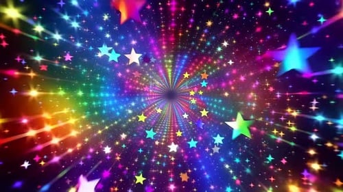 Étoiles arc-en-ciel volant à travers une boucle de tunnel lumineux coloré
