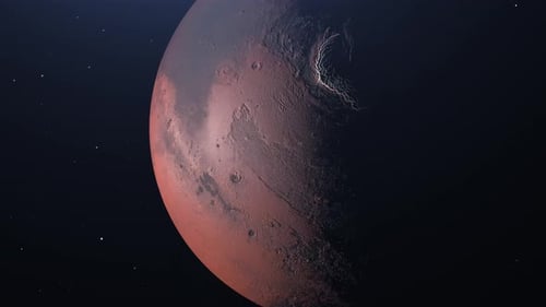 Planeta Mars Zoom Out. Visão do globo do planeta Marte. Globo de Marte entre as estrelas.