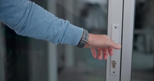 Person hand, office door and open for welcome with an entrance to a job opportunity