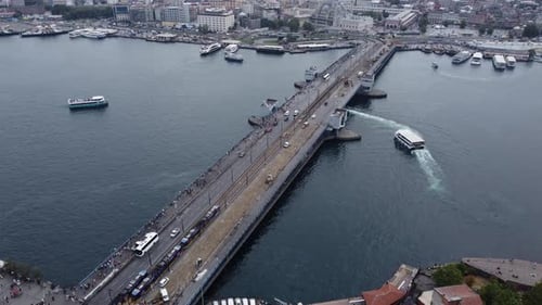 Aerial Drone View of Galata Bridge Over the Bosphorus in Istanbul