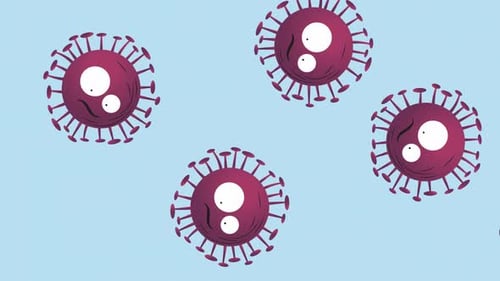 Animation of covid 19 cells with eyes on blue background