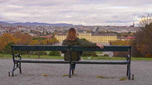 Back view of woman sitting on bench in autumn city park and looking at the cityscape, Vienna Austria