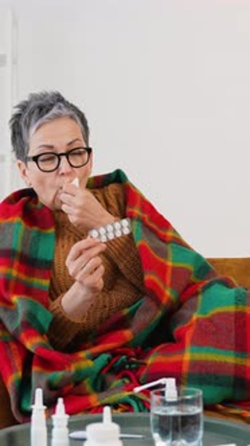 Woman with cold takes medicine at home