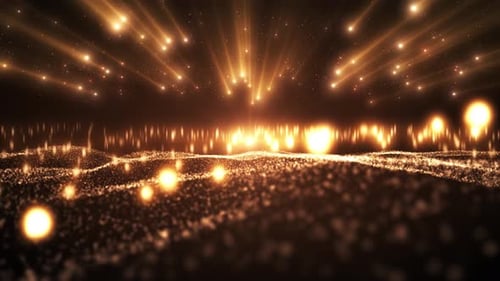 Abstrakte goldorange Wellen leuchtender Partikel. Magische Glitzerpunkte, die helle Lichtstrahlen aussenden