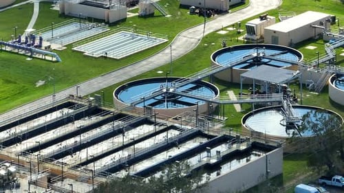 Aerial View of Water Treatment Factory at City Wastewater Cleaning Facility Purification Process of