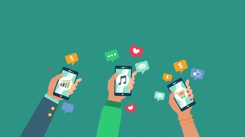 Hands Holding Smartphones with Pop-up Social Media Icons Flat Design