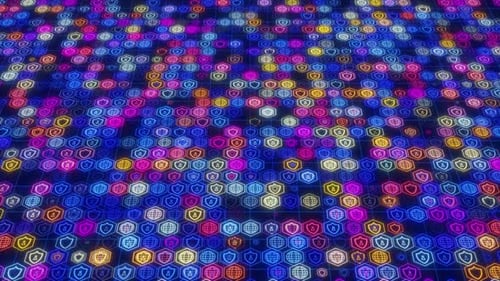 Cybersecurity Data Protection Concept Featuring A Vast Field Of Glowing Neon Shield, Globe, And Lock