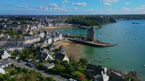 Smooth sideways drone movement around the famous Solidor Tower, Saint-Malo, Brittany in France.