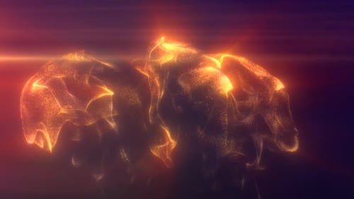 Abstract floating liquid from energy orange particles glowing background