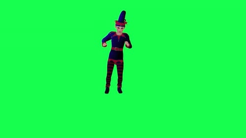 Fille animée en 3D en robe blanche et bleue dansant depuis l'angle gauche sur écran vert