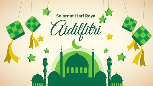 Selamat Hari Raya Aidilfitri Flat Design with Mosque and Stars