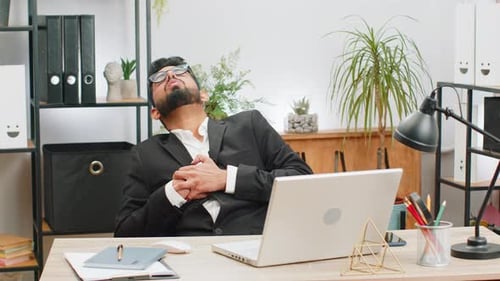 Office Business Man Suffers From Tension Holding Chest with Heart Pain Attack Risk of Stroke Symptom