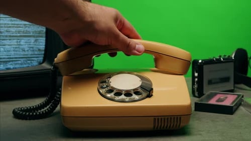Retro Vintage Phone on Chroma Key Green Screen Rotary Telephone is Displayed on a Wooden Desk Adding