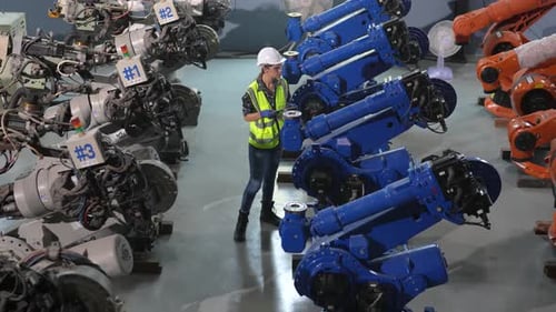 Engineer woman working inside robotic factory - Tech industry concept