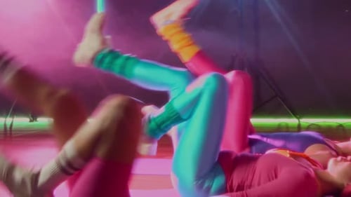 Women Exercising Together, Neon Colors and Retro Style