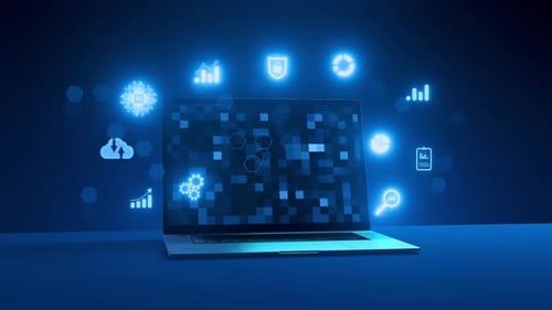Digital Technology Icons and Data Flow Around Laptop