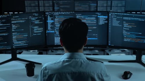 Asian Man Using Computer To Write Code With Multiple Screens In office