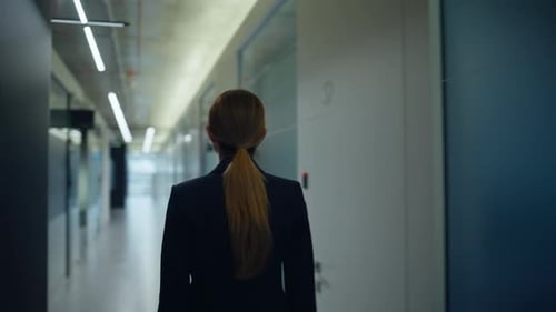 Business Lady Strolling Vestibule Back View Blonde Woman Crossing Corridor