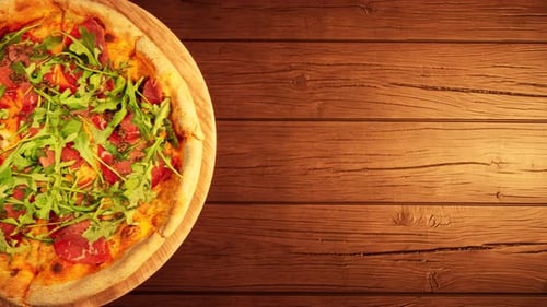 Appetizing Pizza Rotating on Rustic Wooden Background