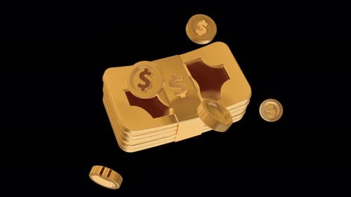 Golden Money Stack with Orbiting Dollar Coins