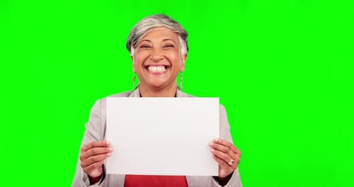 Poster mockup, green screen and woman face for business presentation, advertising and announcement